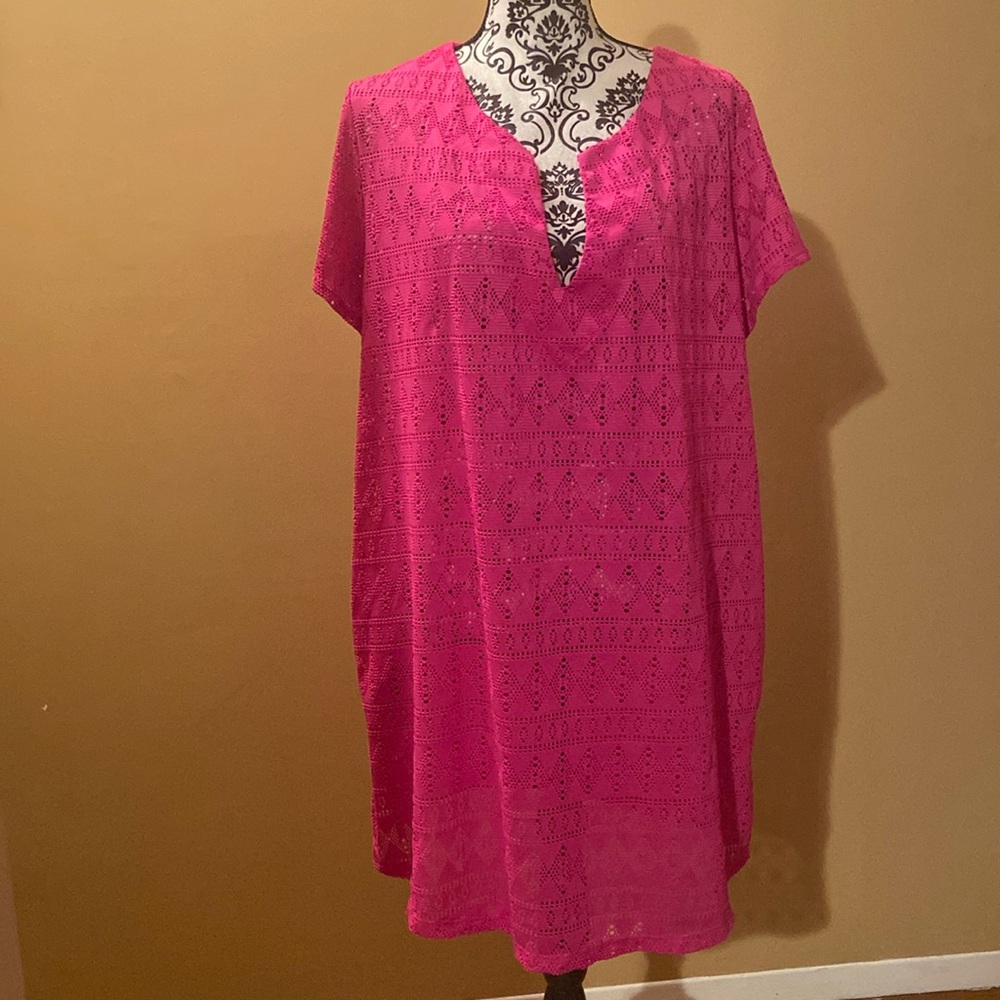 🩷-Catalina Swimsuit Cover Up 2X (18W -20W)Pink Mesh Dress V Neck Cap Sleeve